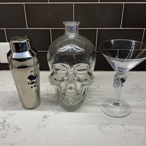 Skull-Themed Glass Decanter and Shaker Set